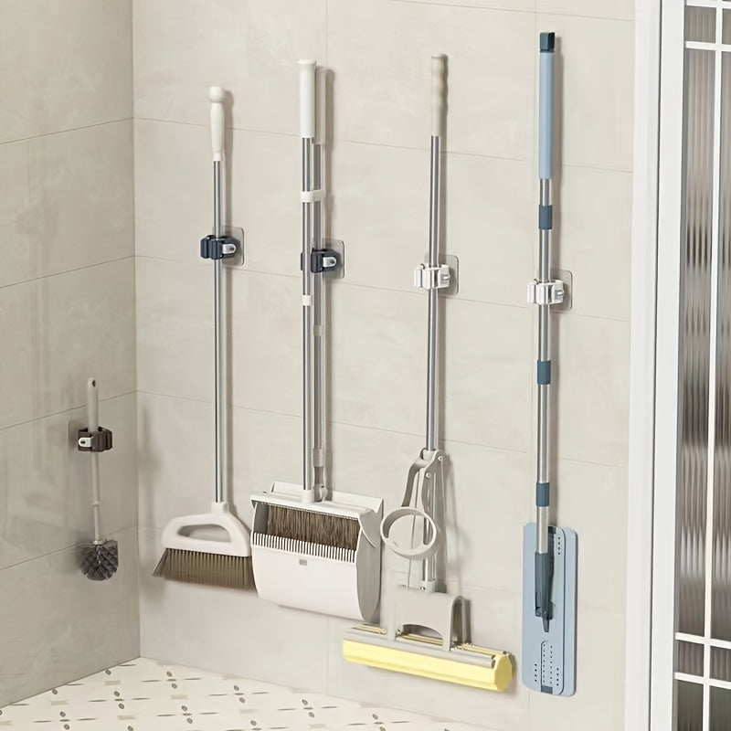 No-Drill Wall Mount Mop and Broom Holder Clips Adhesive Storage Rack for Kitchen Bathroom RV