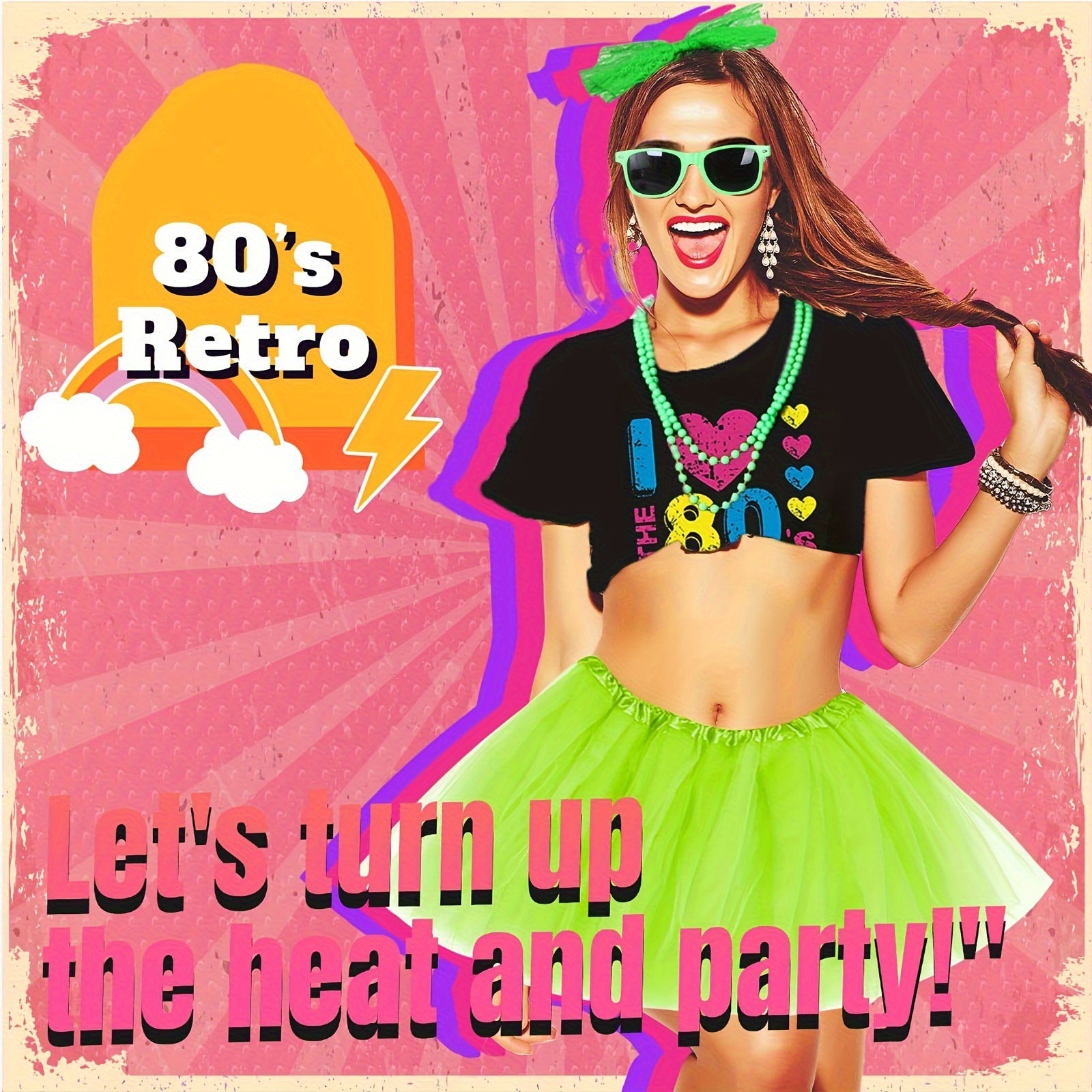 80s Costume Kit for Ladies with Lips Print Tee Tutu Skirt Neon Earrings and Accessories