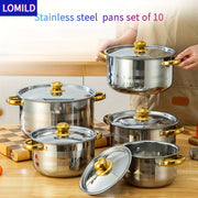 10-Donali zanglamaydigan po'latdan tayyorlangan idishlar to'plami, qozonlar va qopqog'lar bilan oshxona uchun