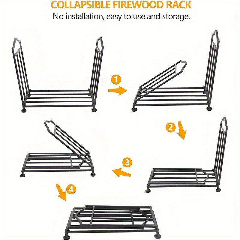 Black Stackable Log Organizer Collapsible Metal Firewood Rack for Outdoor Storage