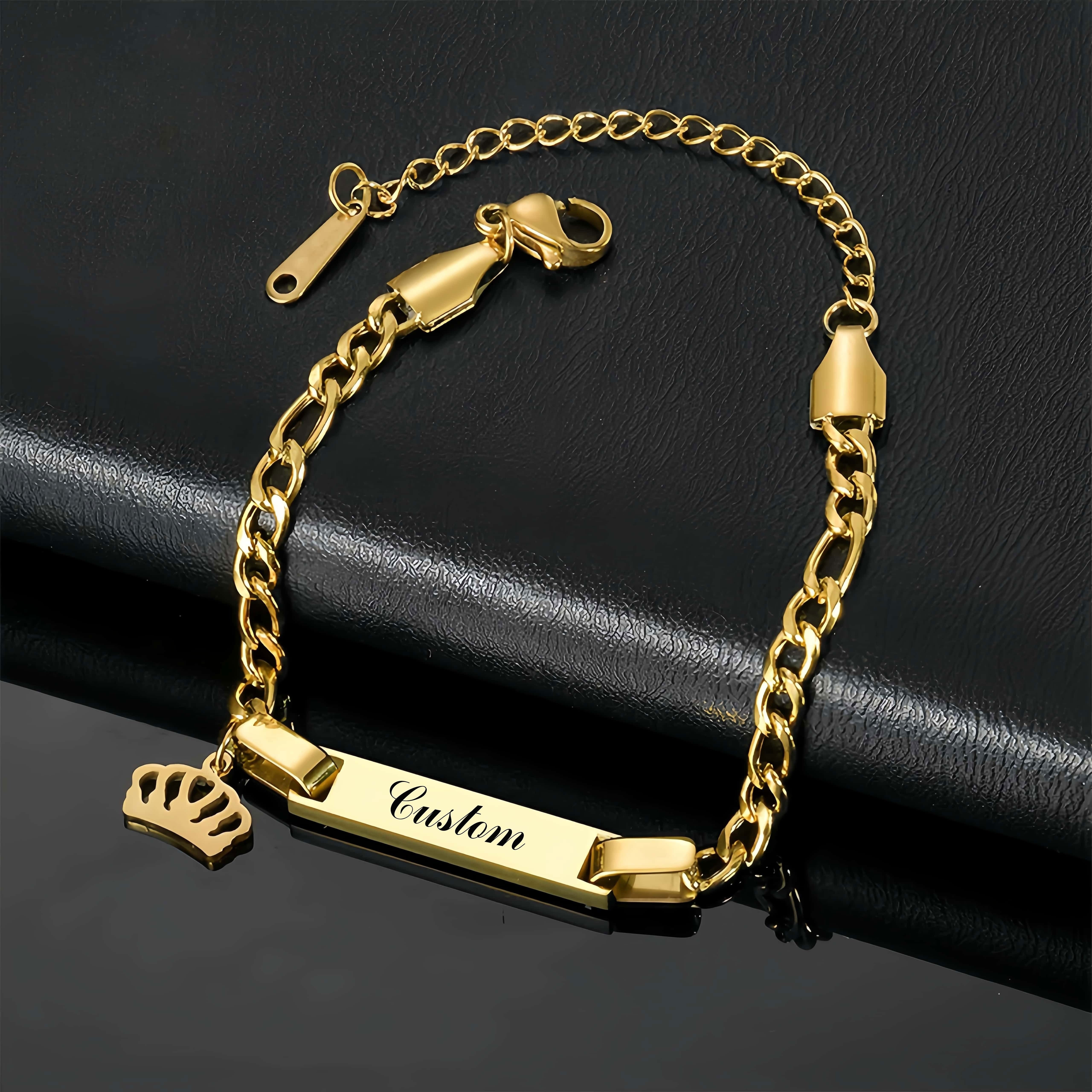 Pulsera personalizada de acero inoxidable con colgante, corazón, mariposa, estrella, corona, nombre grabado y fecha