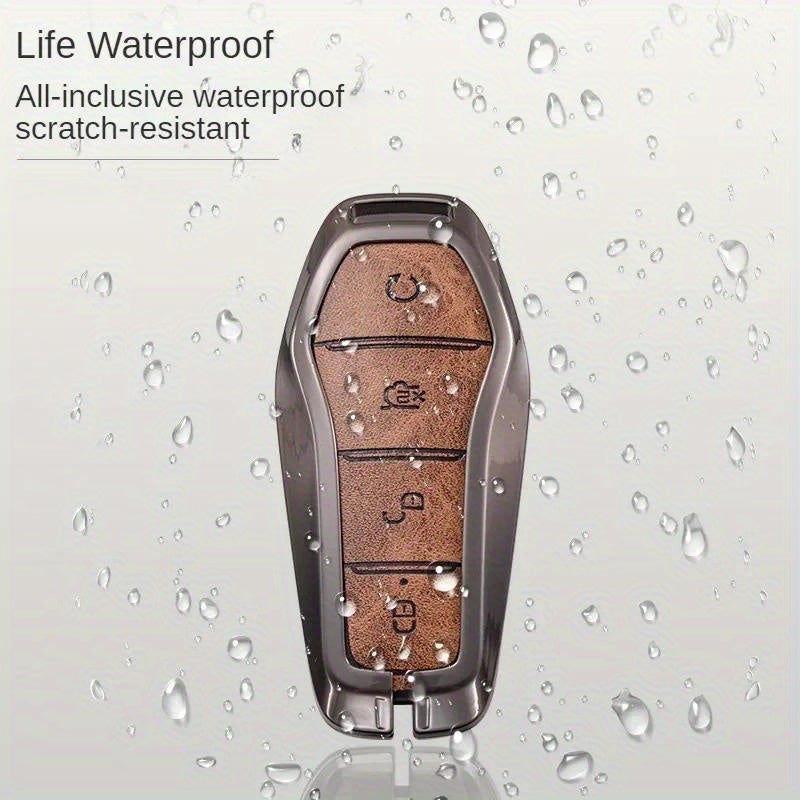 Men's PU Leather Key Cover with Brown Stitching for Remote Fob Protection