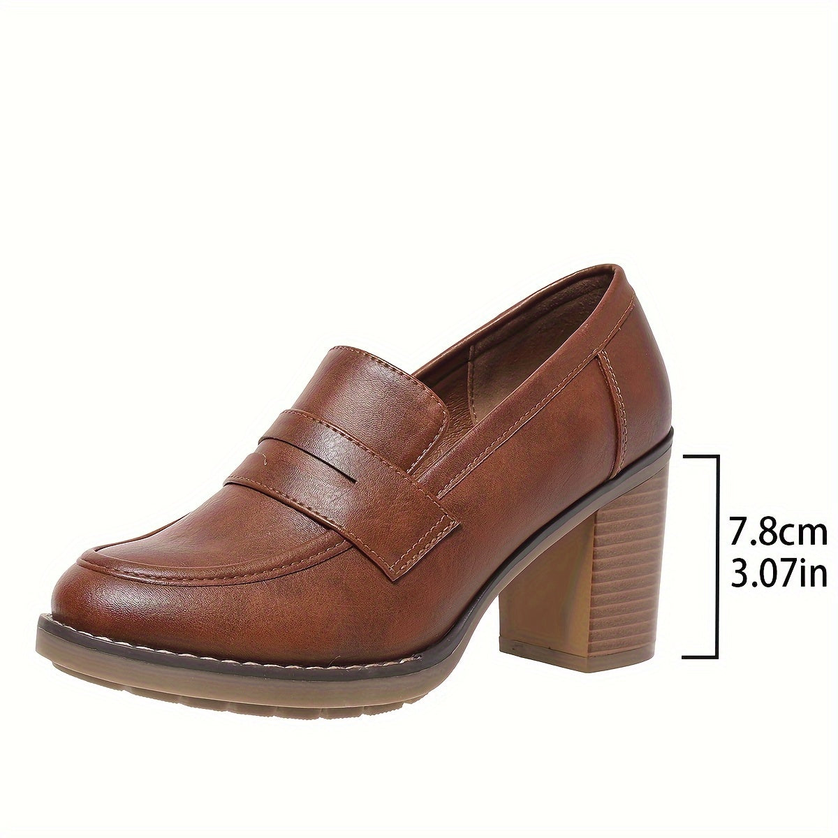 Women Slip-On High Heels Brown Faux Cover Round Toe Block Heel