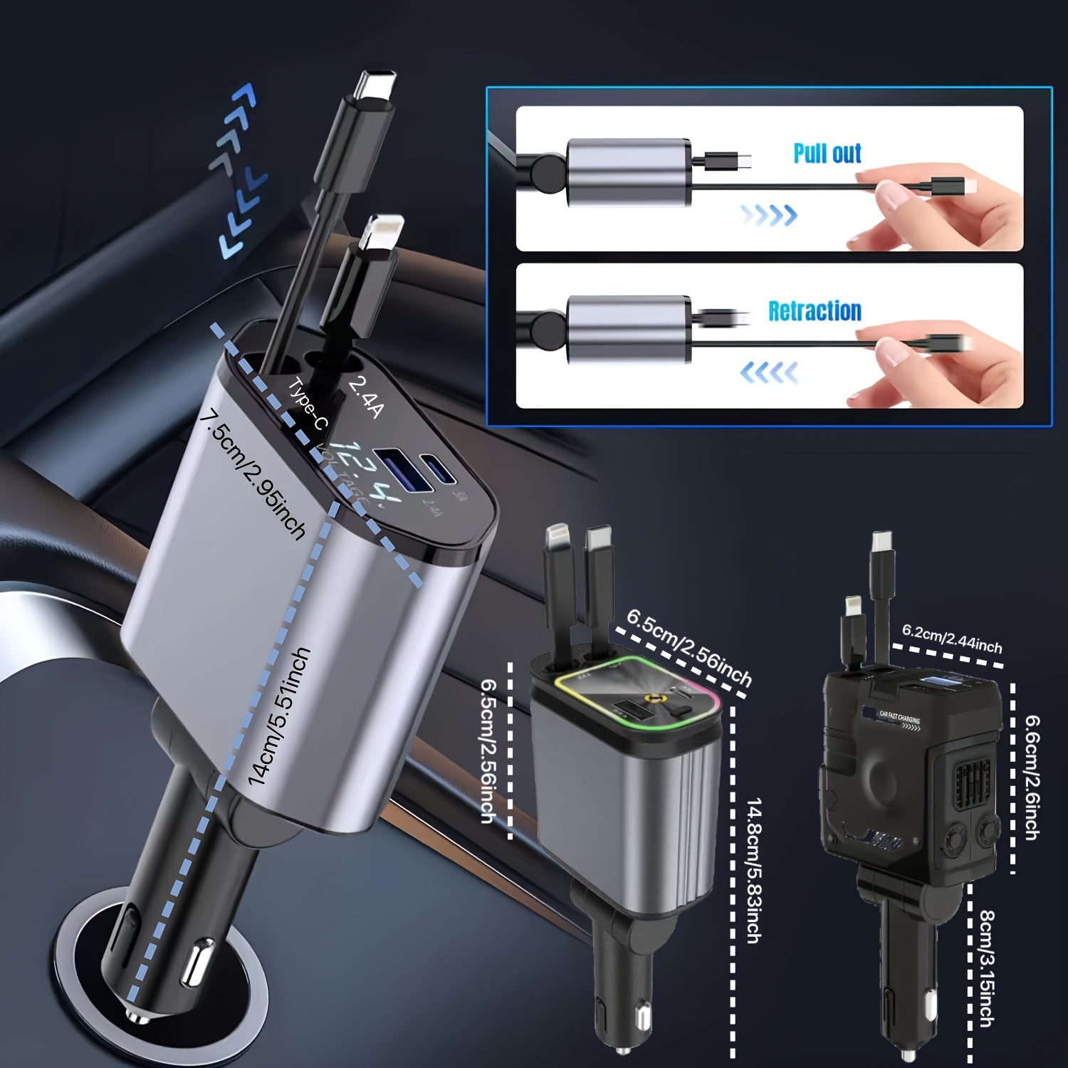Cargador de coche retráctil 4 en 1 con rotación de 180° y puerto USB-C