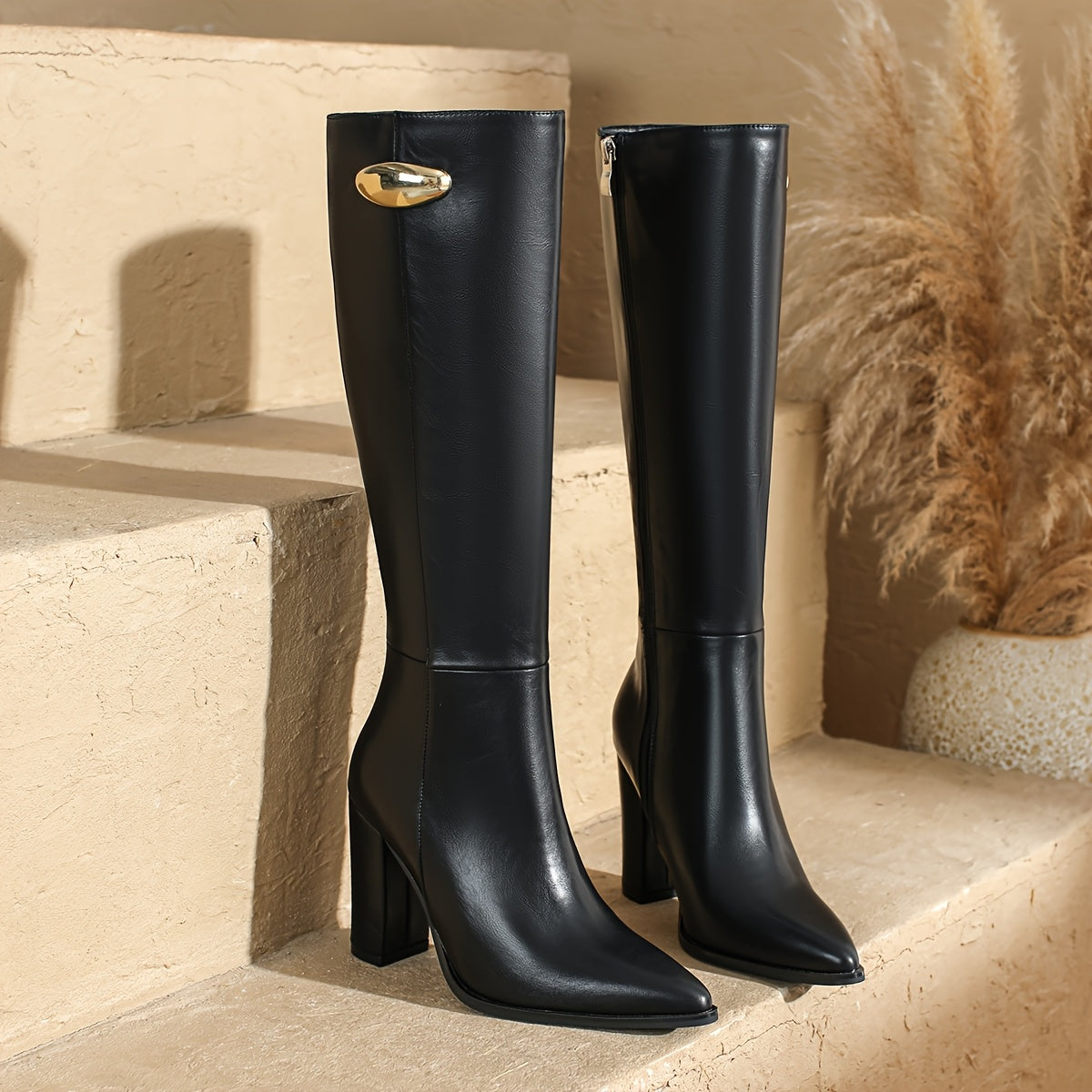 Женские европейские ботинки на шпильке с заостренным носком до колена, большой размер, черные, боковая молния