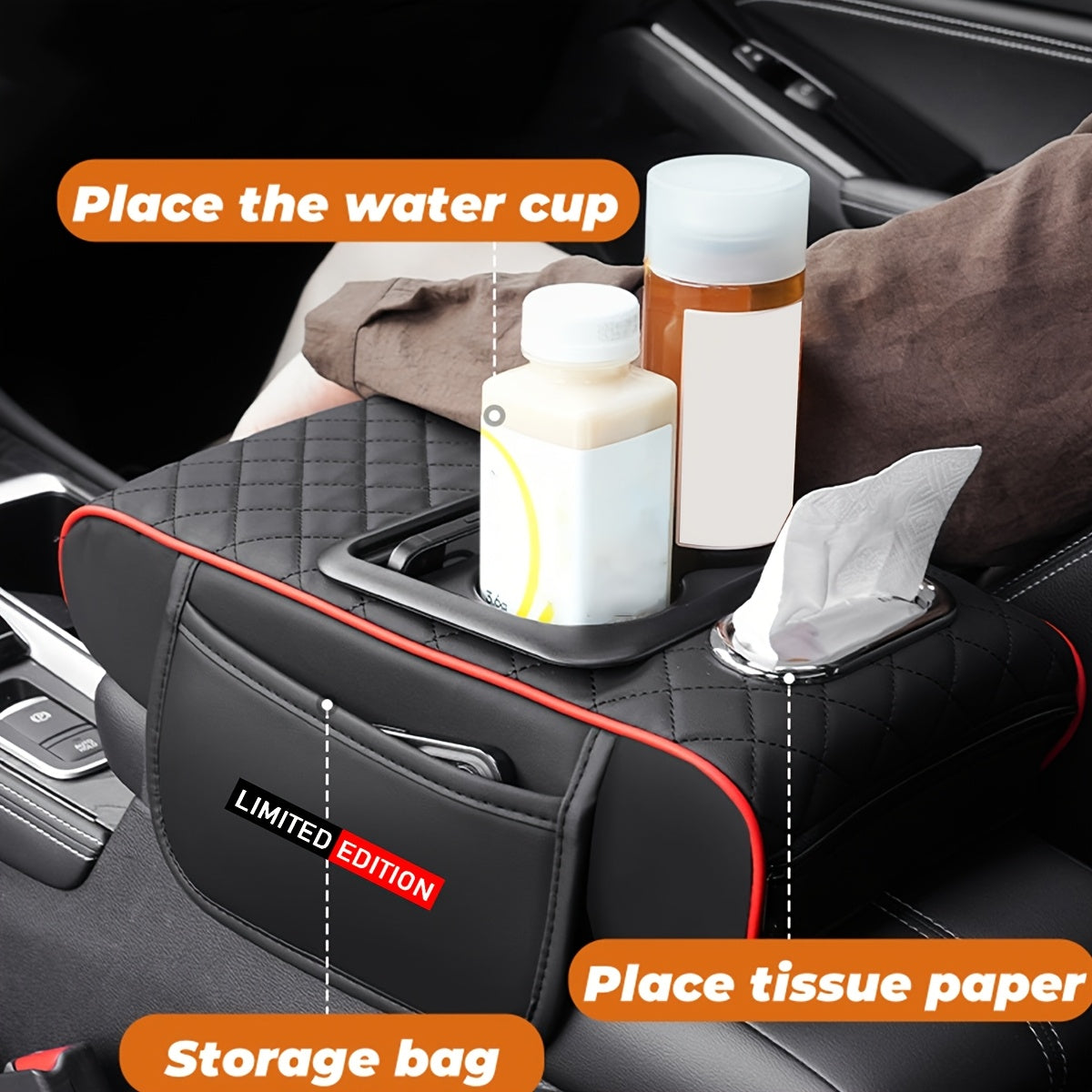 Car Armrest Cushion Center Console Protector With Tissue Box and Cup Holder Storage