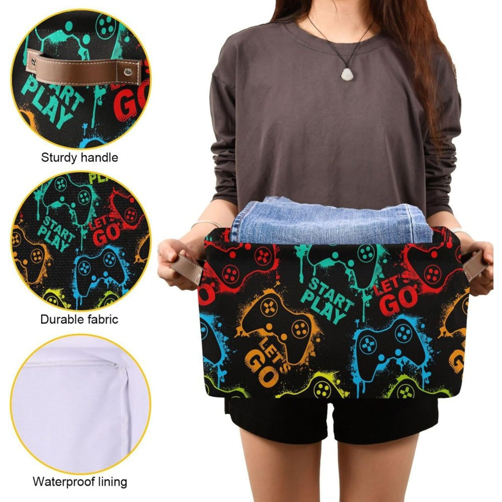 Black Fabric Storage Bin with Handles, Foldable Canvas Organizer for Clothes and Toys