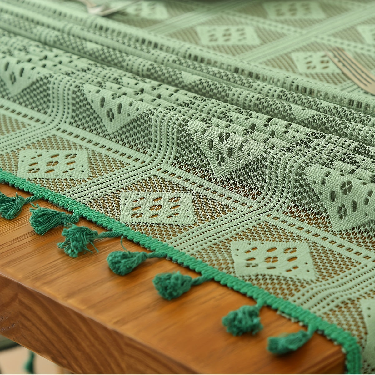 Beige Crochet Tablecloth with Tassels for Home and Party Table Settings