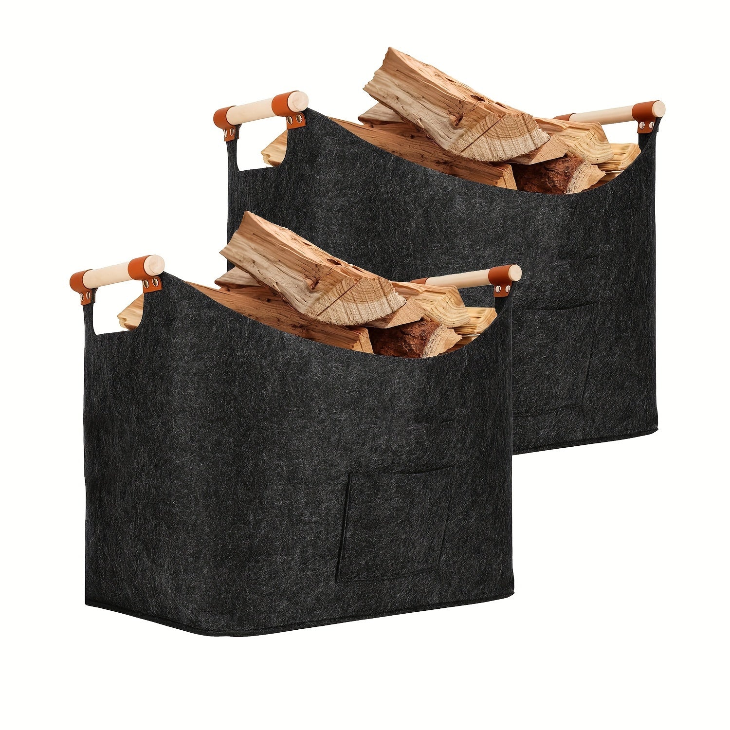 Set of 2 Large Firewood Baskets with Wooden Handles, Dark Gray Felt Storage