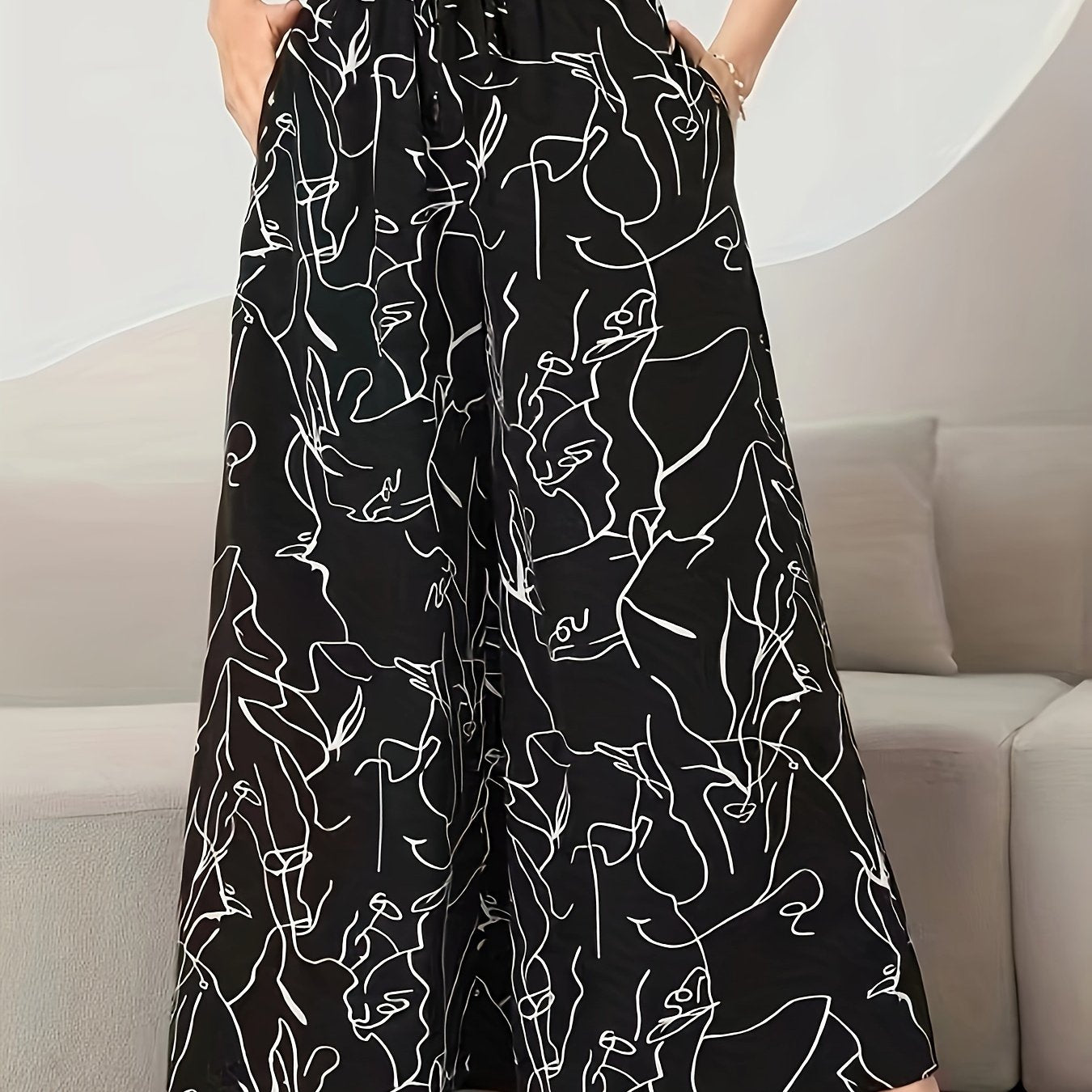 Women's Wide-Leg Floral Print Pants High Waist Ruffle Detail Spring Fall Polyester