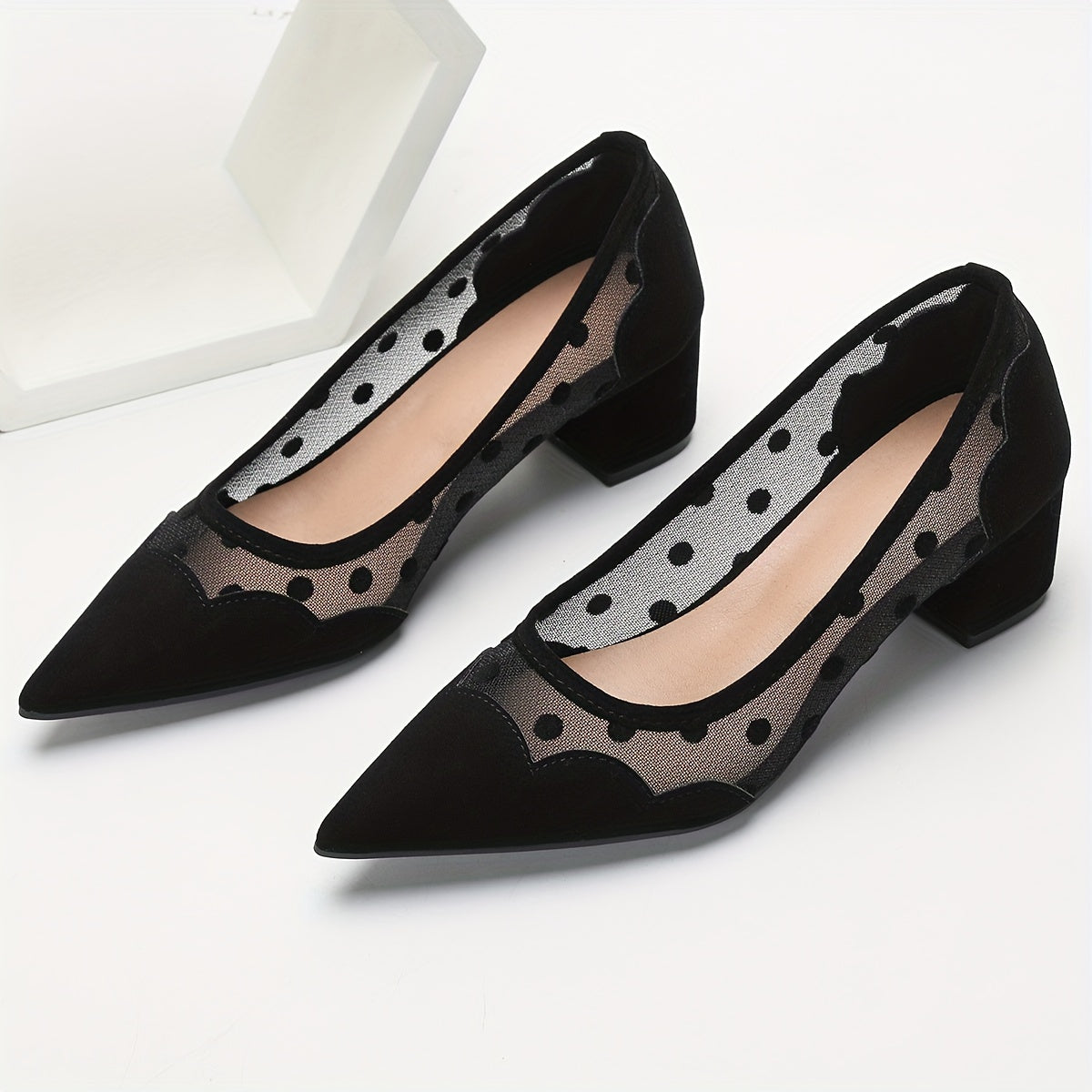 Women's Mesh Polka Dot Pointed Toe Pumps with Low Chunky Heel