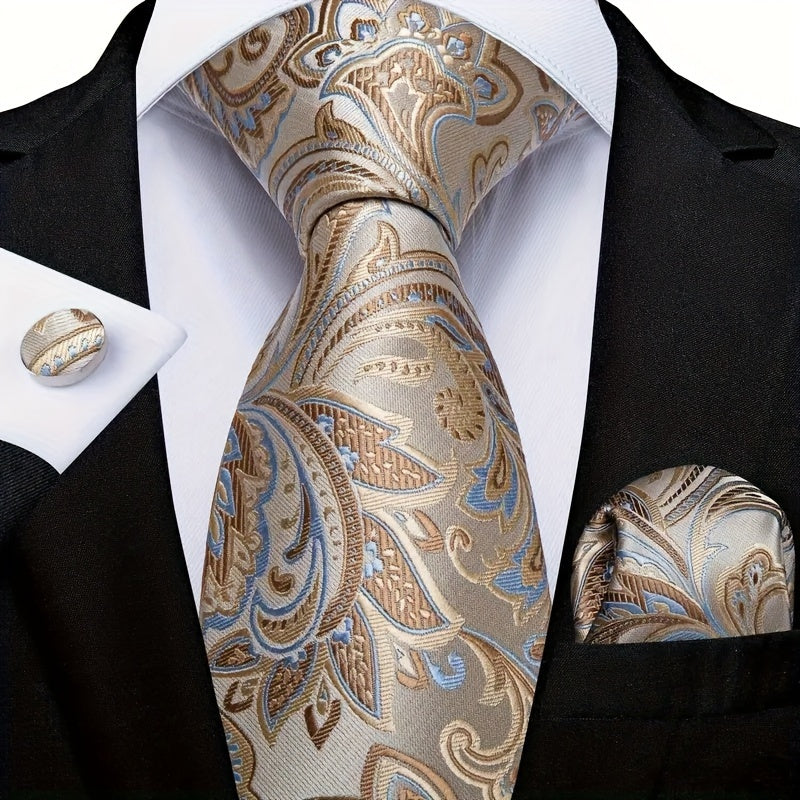 Men's Polyester Necktie Set with Woven Paisley Pattern and Matching Cufflinks for Business and Formal Wear