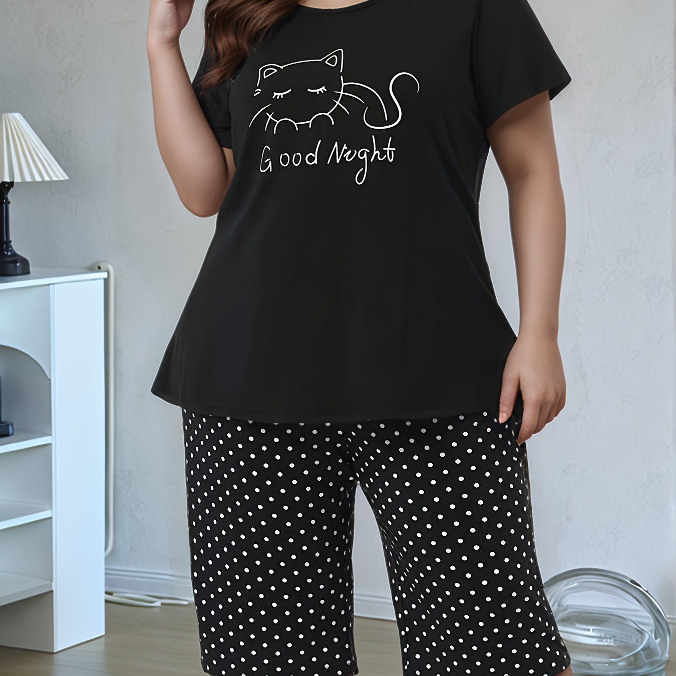 Conjunto de pijama casual de algodón de manga corta para mujer con estampado de gatito