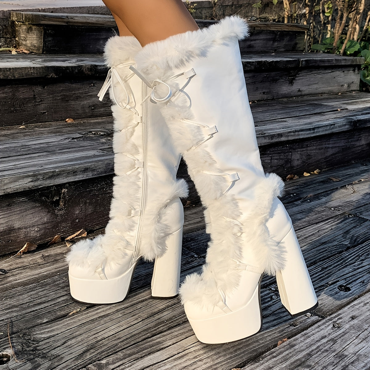 Women Faux Fur Mid-Calf Boots Solid Color Block Heel Zipper Winter Shoes