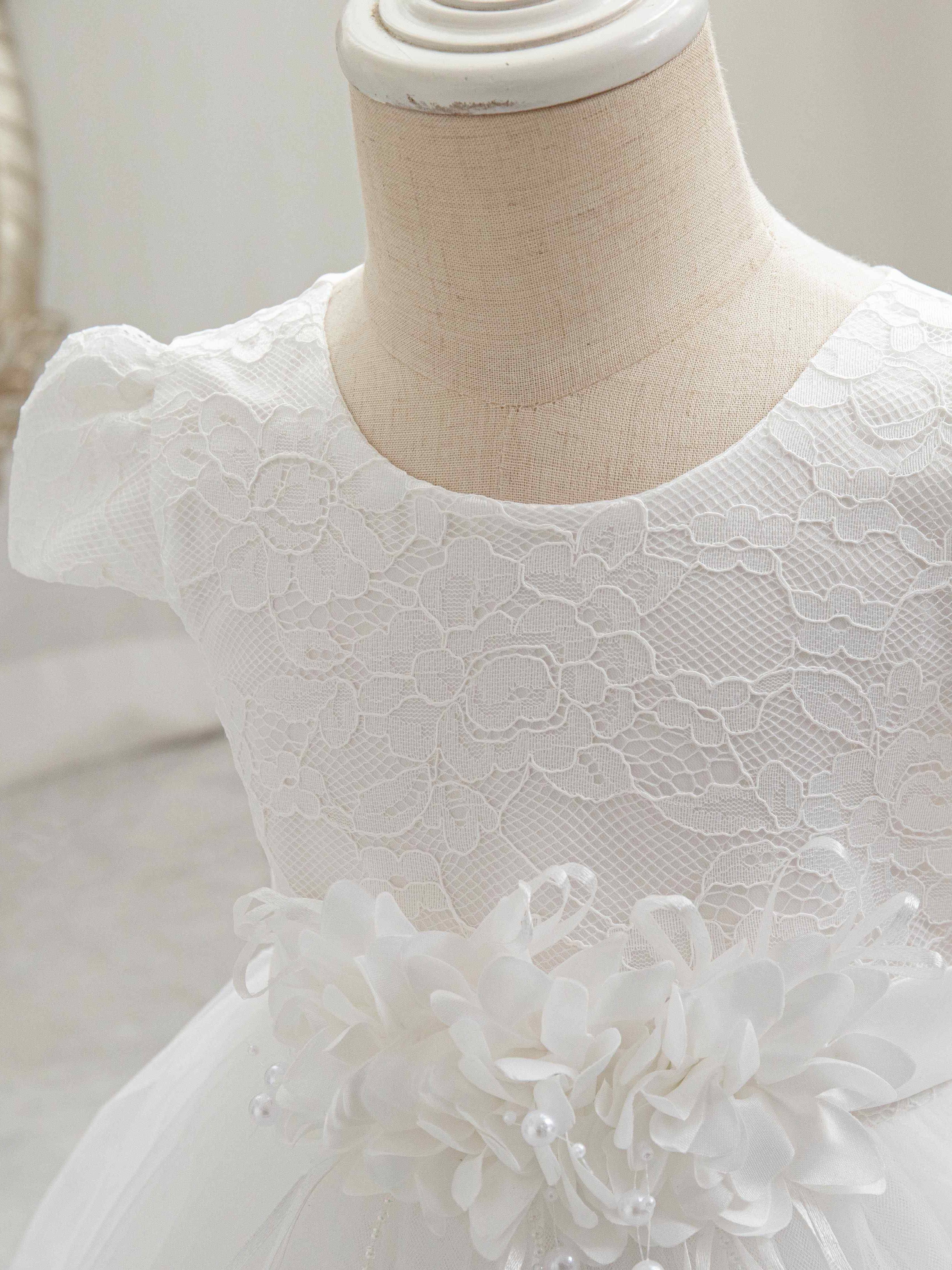 Bola uchun rasmiy tadbirlar uchun dantel yengli gullar bilan bezatilgan tül prinsessa ko'ylagi.