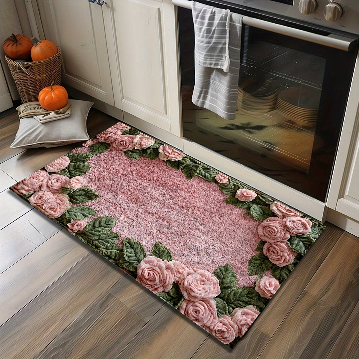 Pink Rose Non-Slip Bath Mat Low Pile TPR Backing for Bathroom Kitchen Entryway