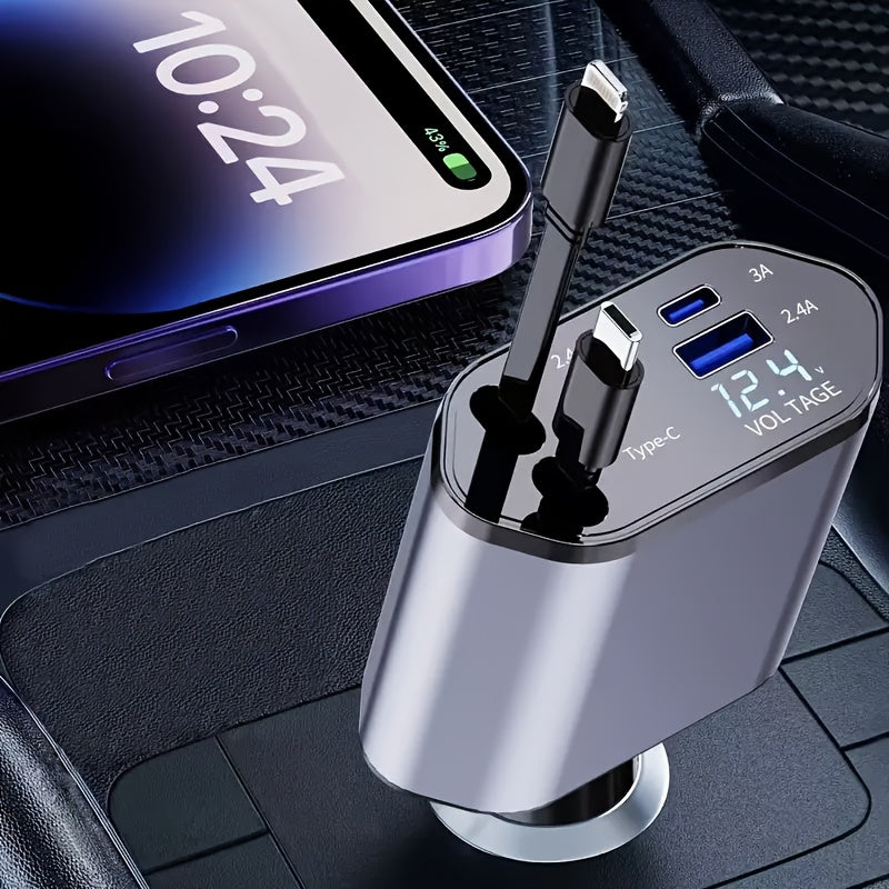 4-в-1 выдвижное автомобильное зарядное устройство с вращением на 180° и портом USB-C