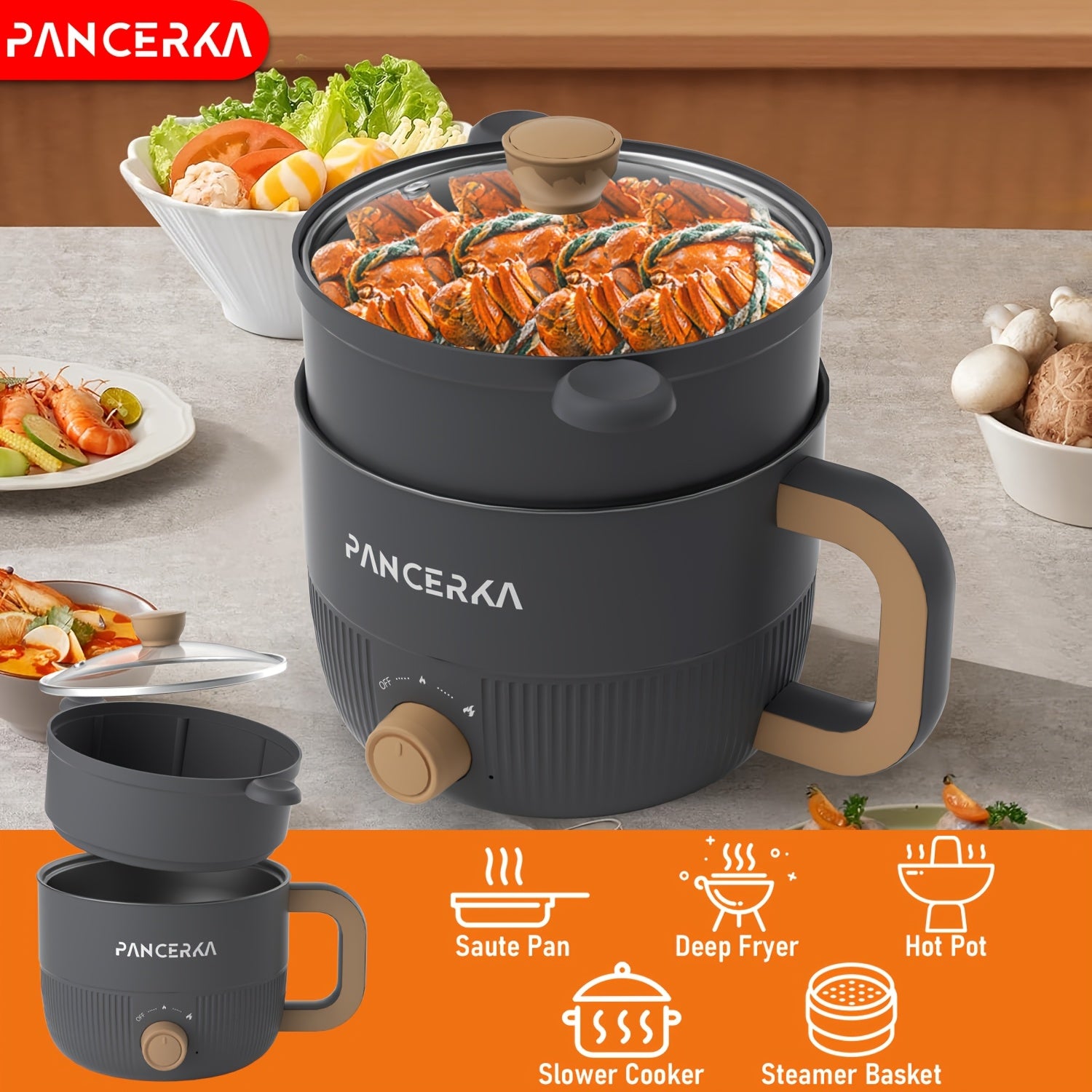 1.0L Compact Electric Cooking Pot with Steamer Non-Stick Multifunctional