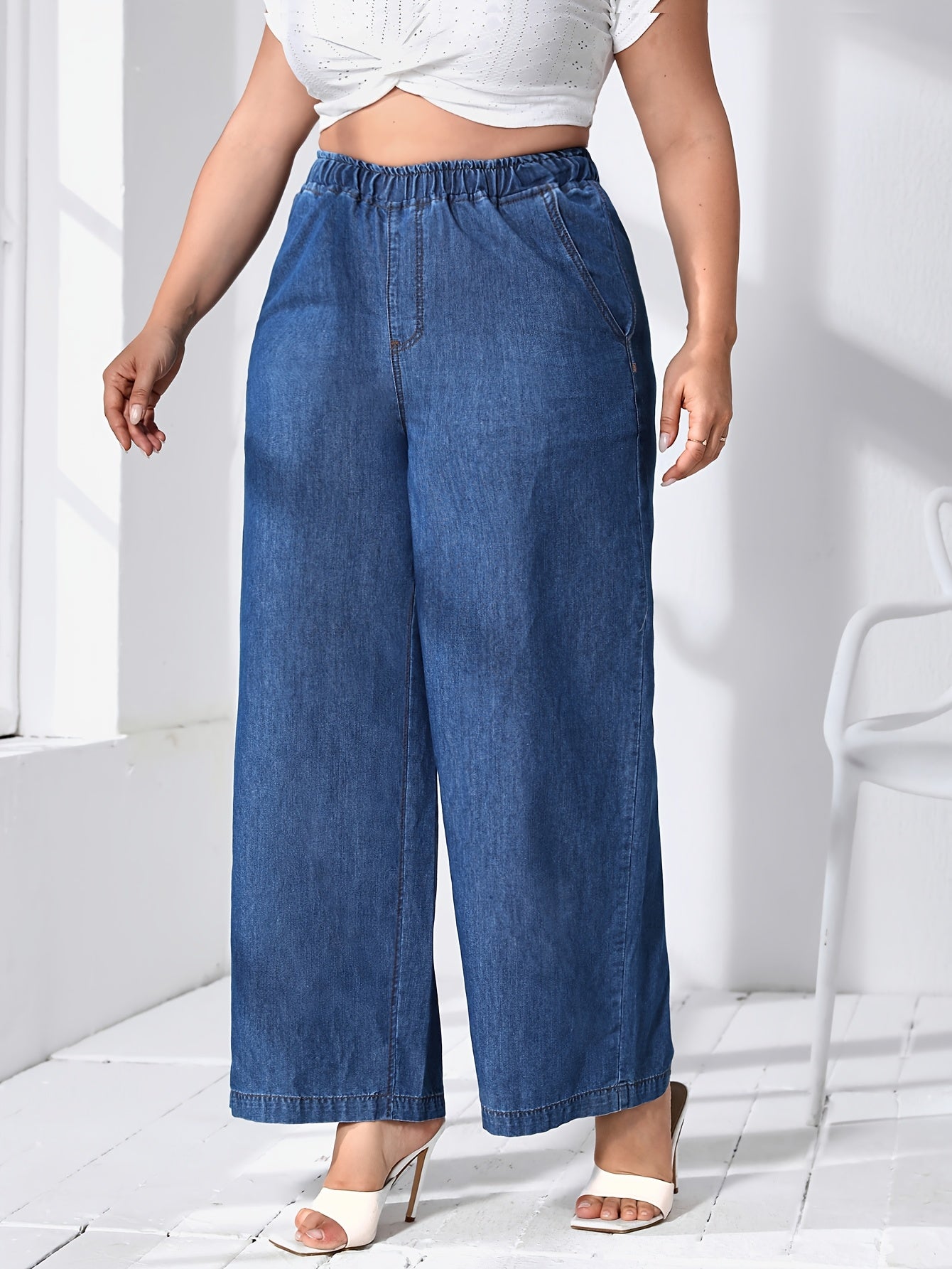 Women's Plus Size Loose Fit Jeans All-Season Light Blue Elastic Waist Straight Leg