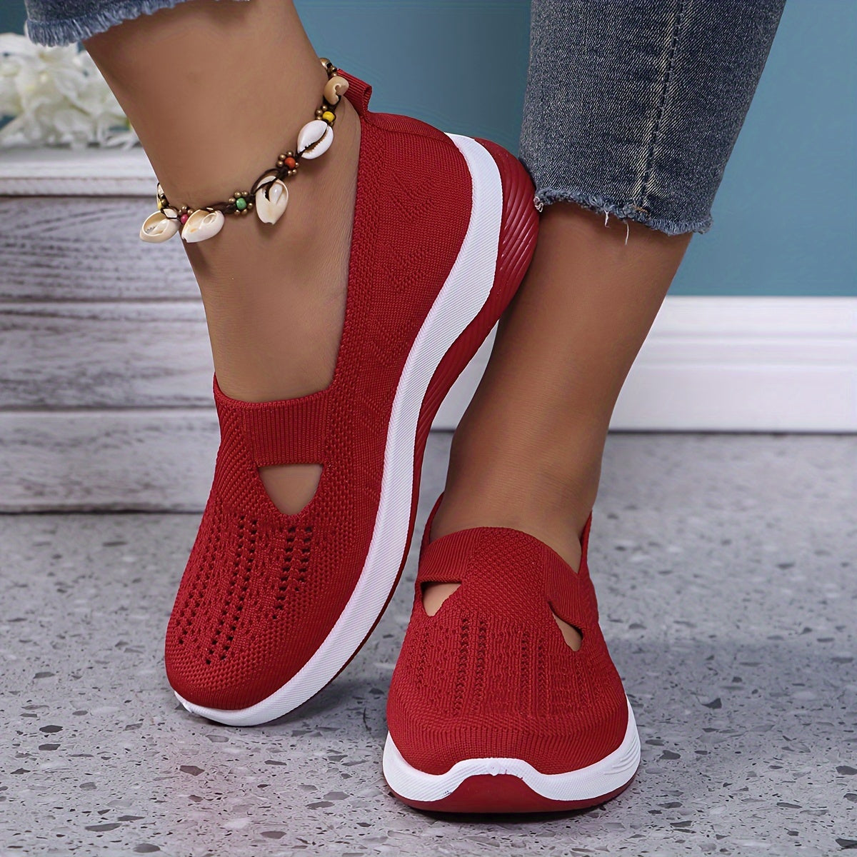 Women's Lightweight Knitted Sneakers with PVC Sole and Fabric Insole All-Season Slip-On