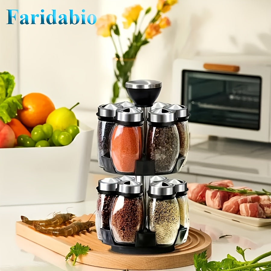 7-Piece Stainless Steel Glass Spice Shaker Set with Salt Pepper Sugar Rotating Base
