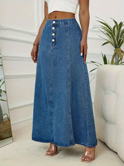 Plus Size Washed Blue High Rise Maxi Denim Skirt for Fall Casual Flared Style