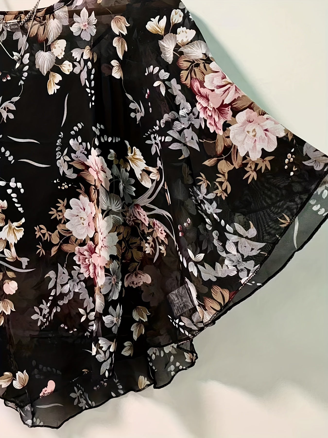 Floral Print Asymmetrical Blouse for Women Sheer Sleeves Sun Protection Beachwear