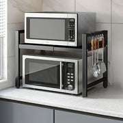 Estante de almacenamiento de cocina de 2 niveles de metal con estante para pan, estante para microondas y ganchos