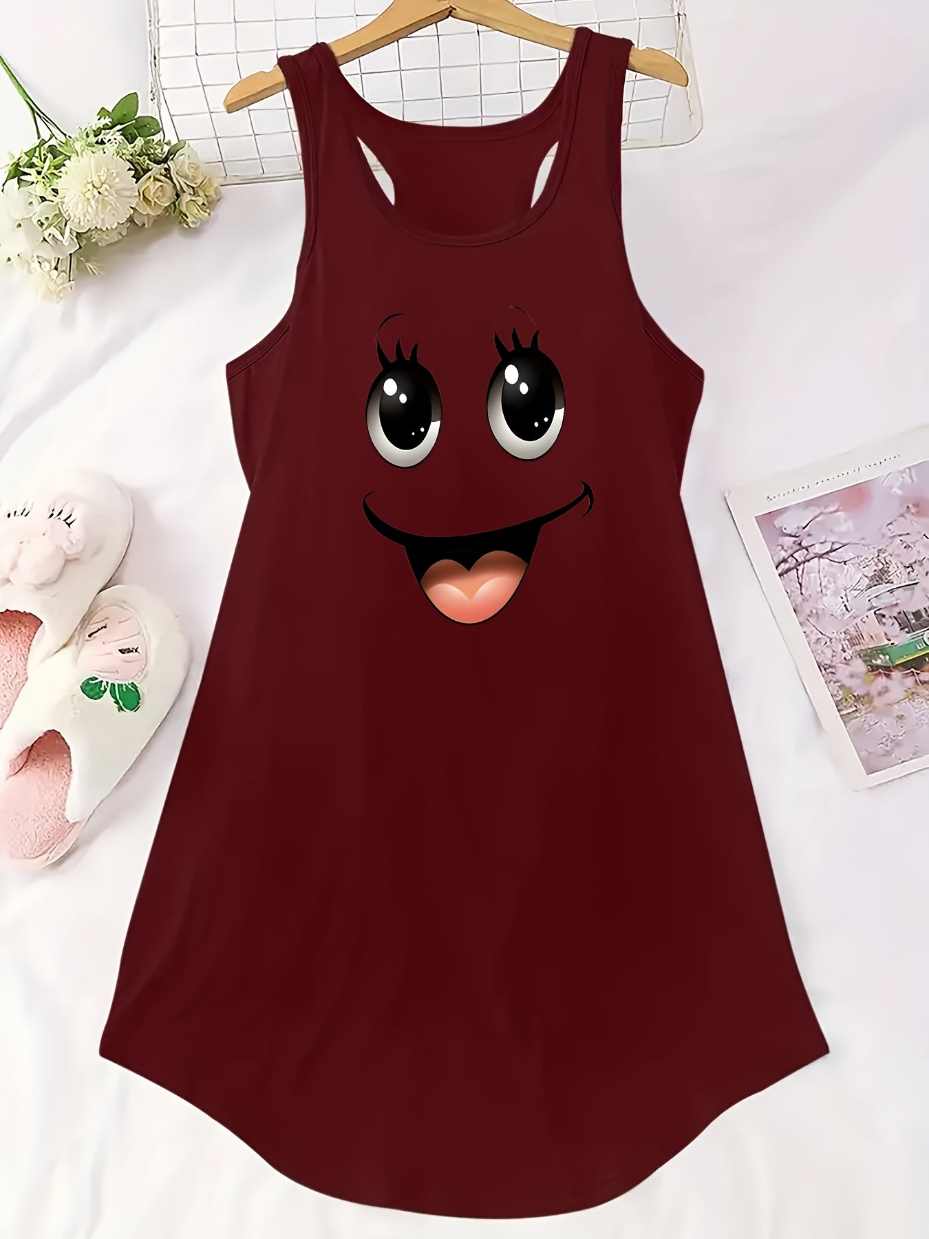 Plus Size Women's Sleepwear Nightgown Blue Face Print Casual Stretchy Sleep Dress