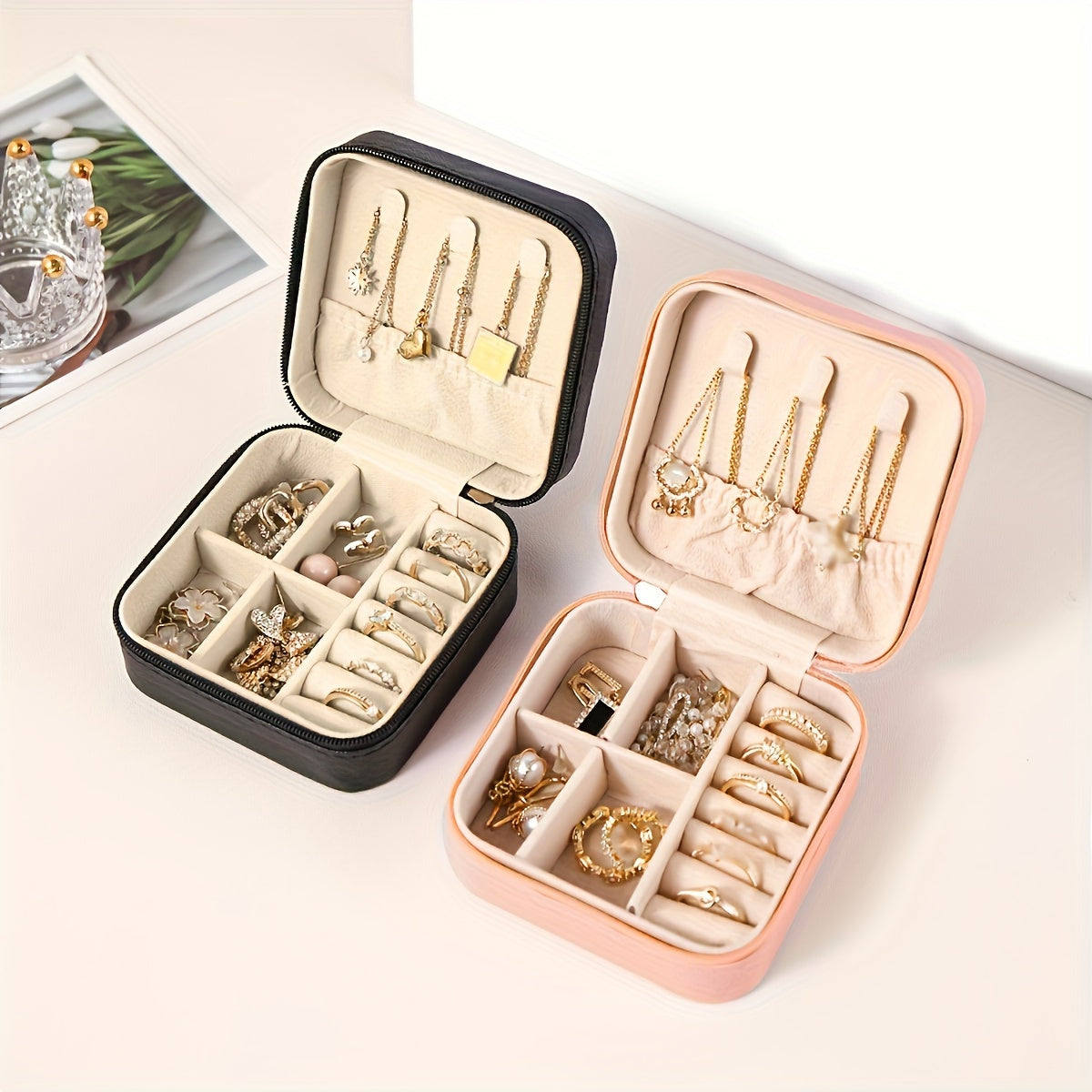 Organizador de joyería de cuero sintético para viajes con anillos, collares y pendientes