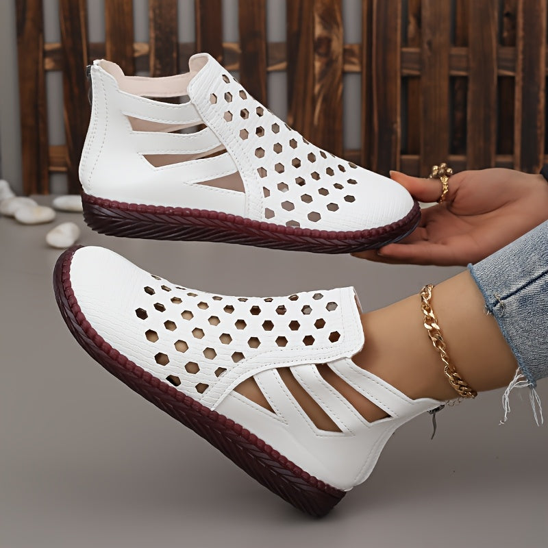 Women's Rhinestone Ankle Boots with Cut-Outs Zipper Flat Sole All-Season