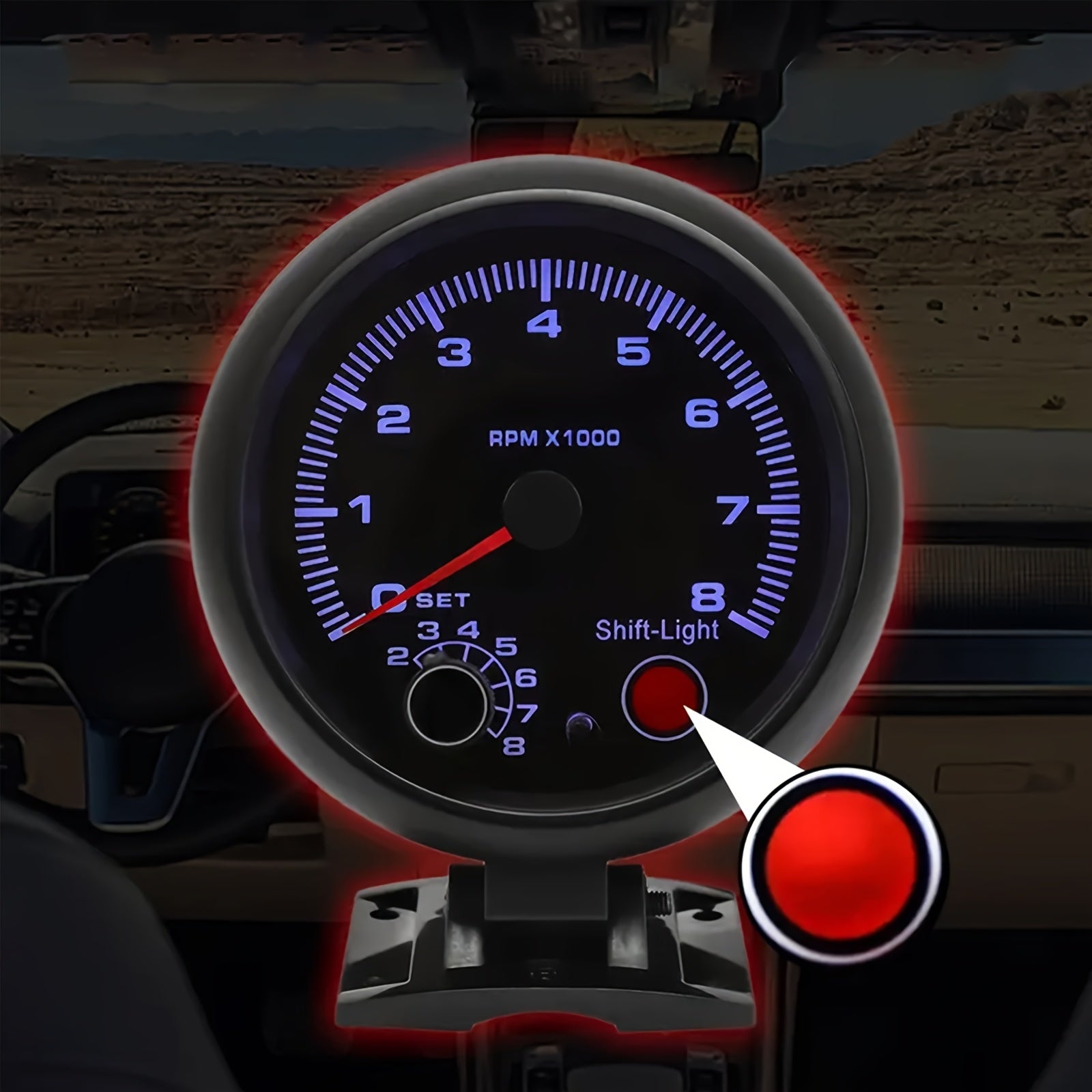 Black Tachometer Gauge 9.53cm 0-8000 RPM with Blue Shift Light for Cars