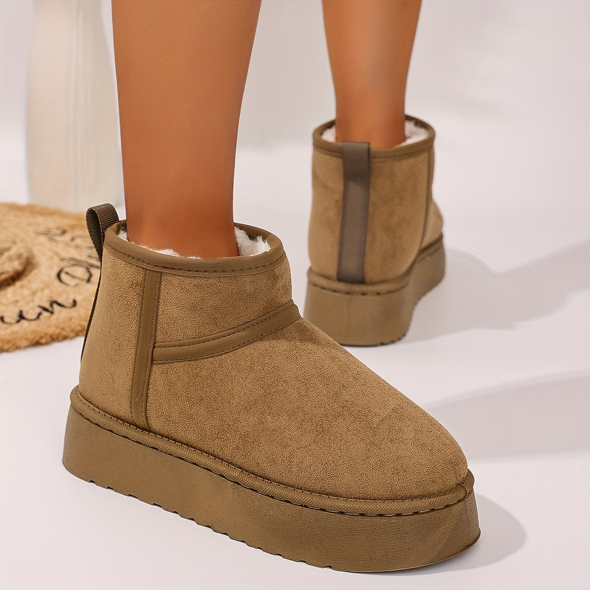 Women's Cozy Faux-Fur Slip-On Winter Snow Boots Casual Mid-Heel