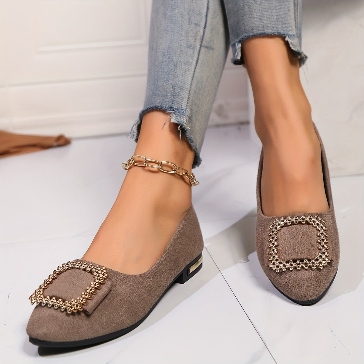 Women's Slip-On Flats with Pointed Toe Sparkling Buckle Lightweight Fabric Spring Shoes