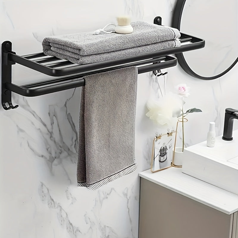 Black Wall Mounted Bathroom Shelf with Towel Bar and Hooks