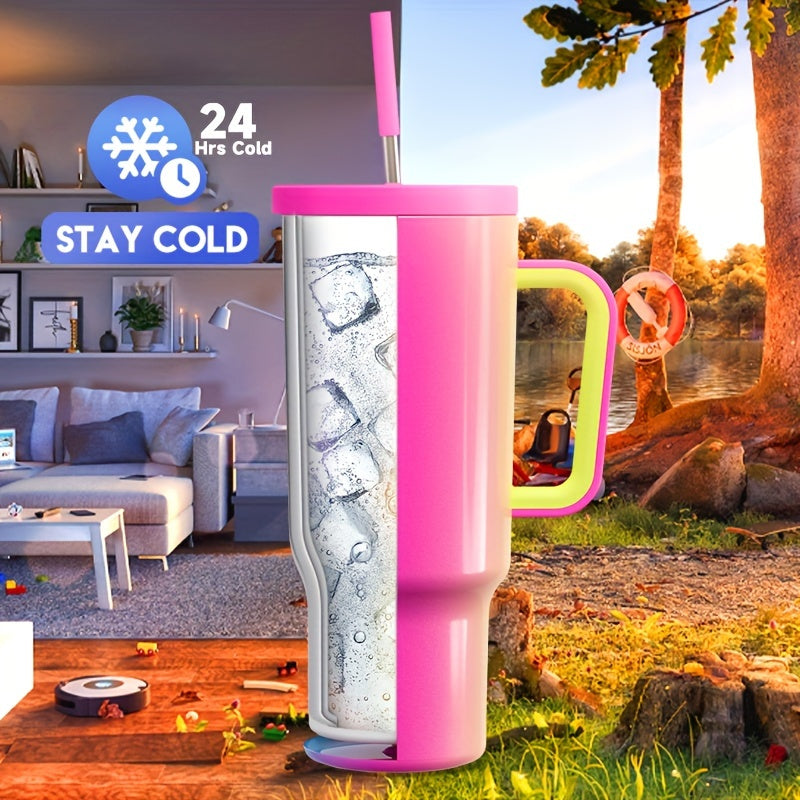 Vaso aislado de acero inoxidable de 40 oz con tapa, pajilla, asa y a prueba de fugas