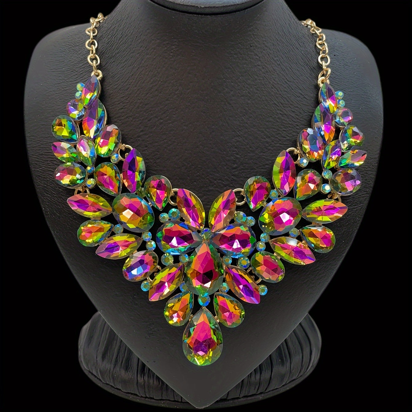 Faux Crystal Bib Necklace with Colorful Iced Out Design for Parties and Events