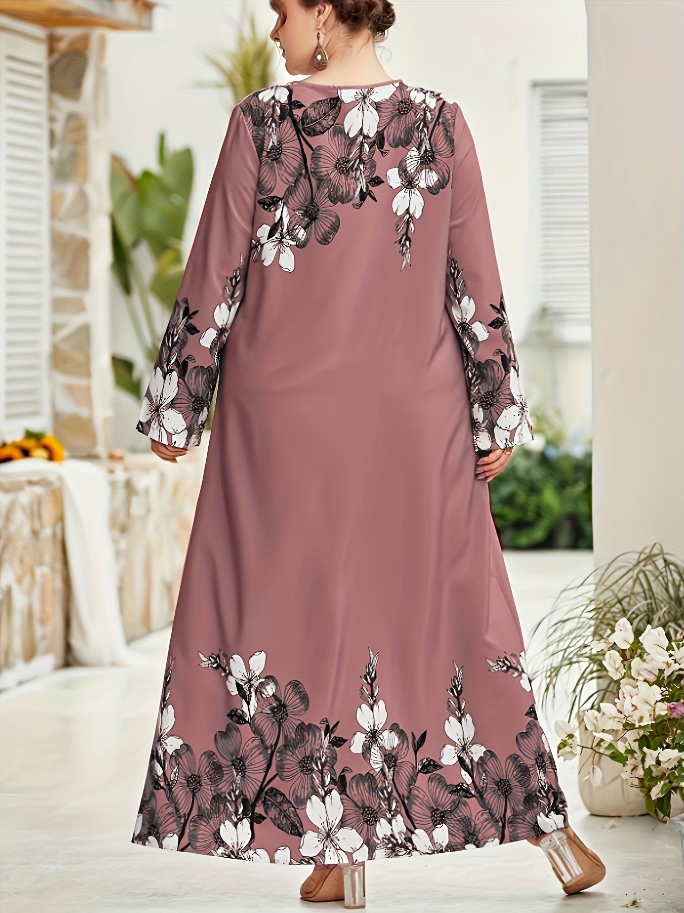 Pink Floral Ankle-Length Dress with Long Sleeves and Round Neck for Spring Summer Fall