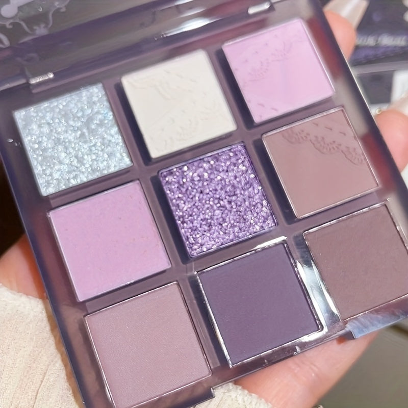 Paleta de sombras de ojos de 9 colores para mujer, morado ahumado, gris, glitter, mate