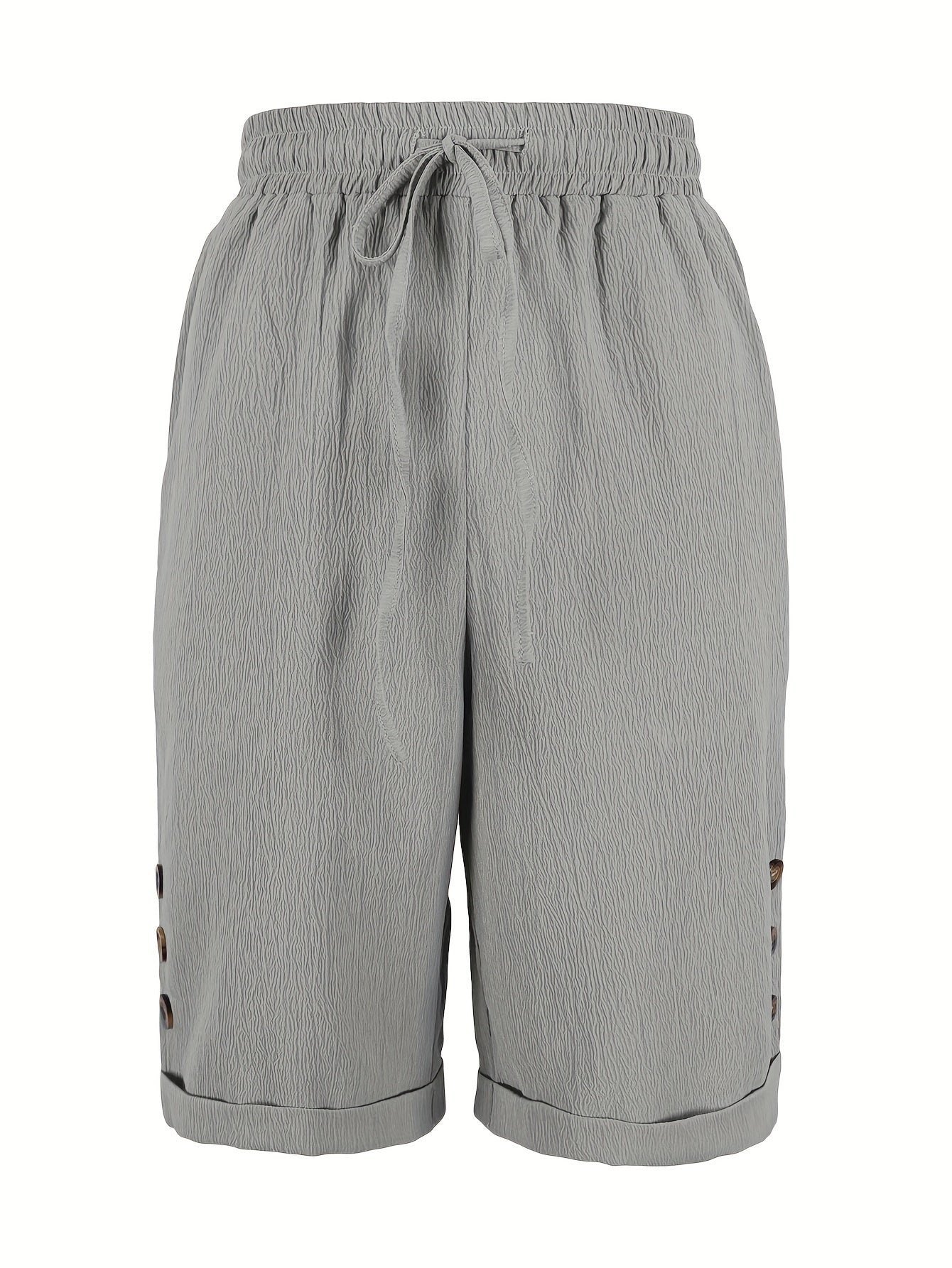 Women's Solid Color Capri Pants with Decorative Button and Drawstring Waist