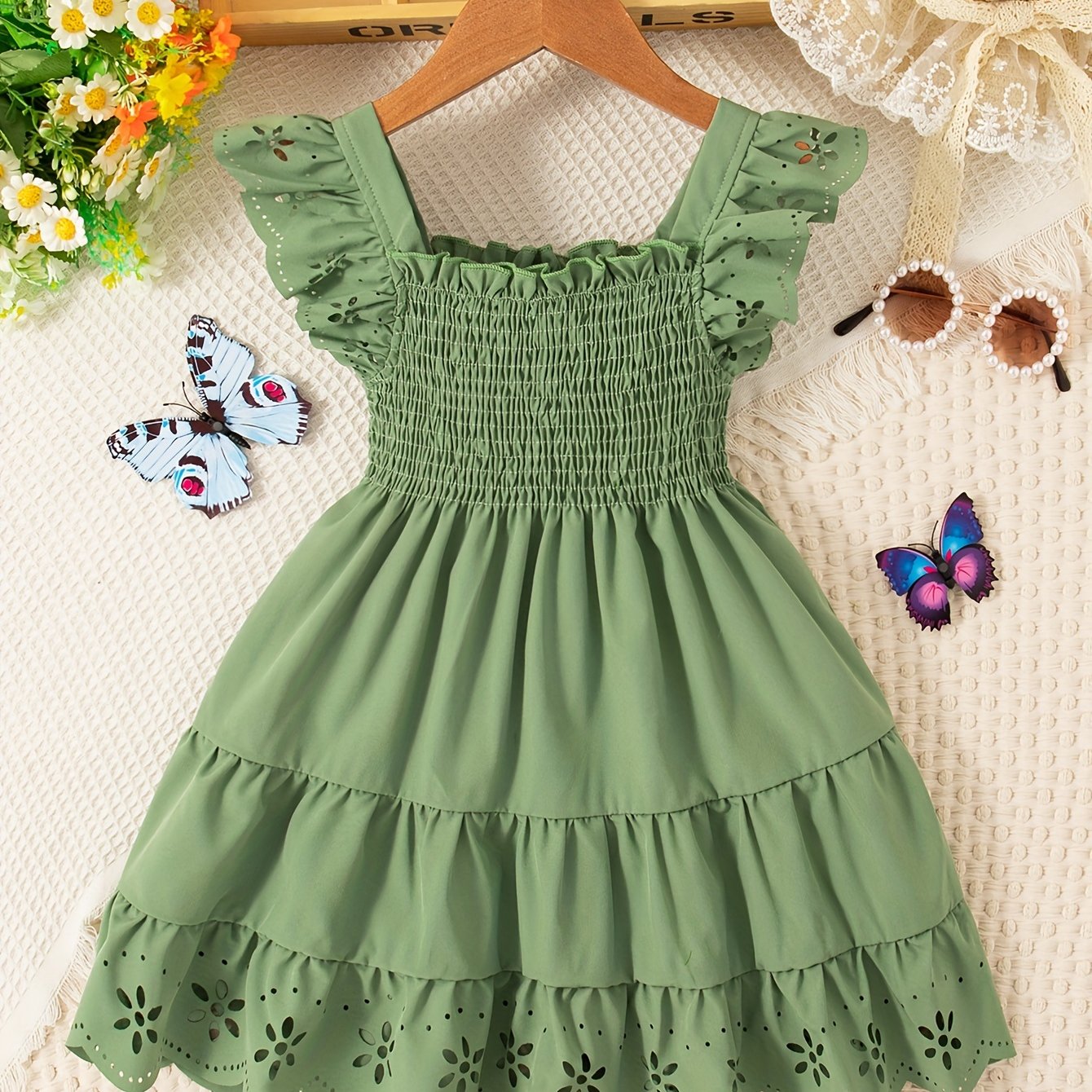 Girls Summer Solid Ruffle Sleeve Square Neck Knee High Dress