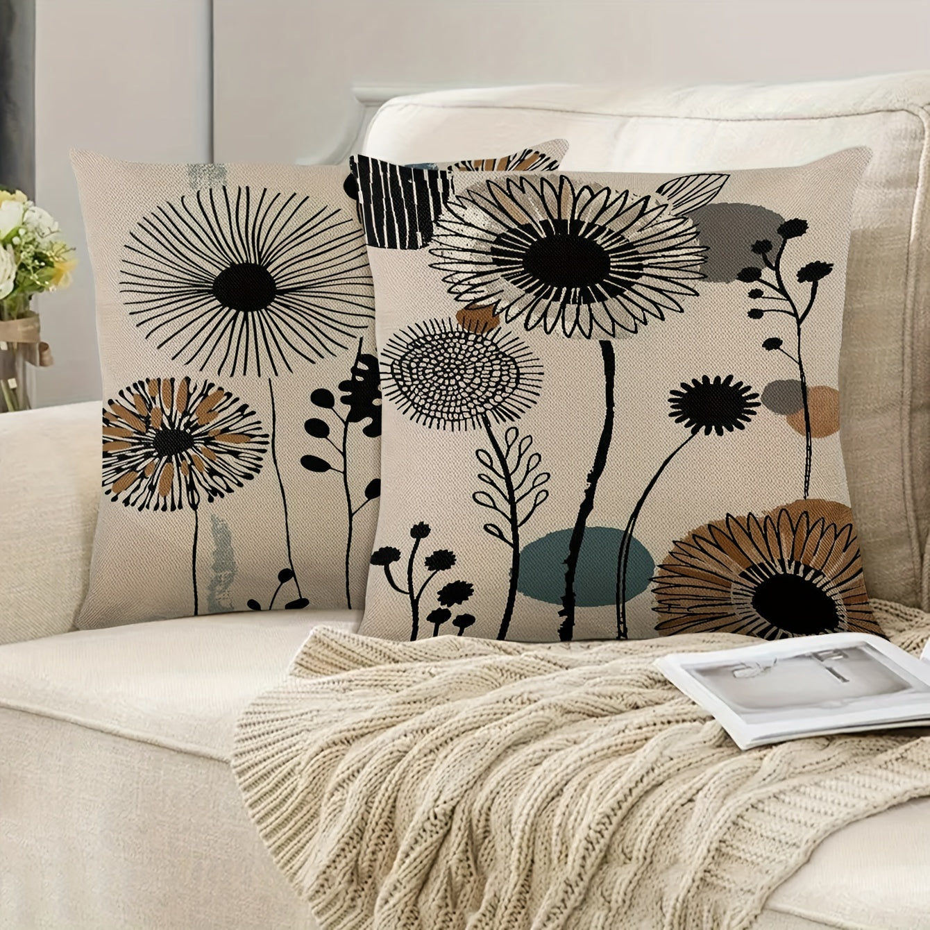 Set of 2 Dandelion Print Linen Pillowcases 45.72x45.72 cm Zippered Bed Sofa Decor