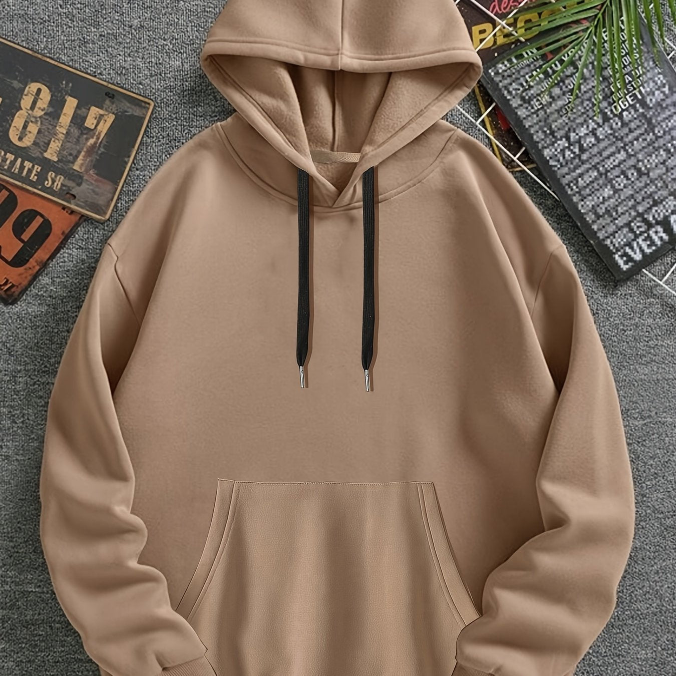 Men's Solid Color Polyester Hoodie Long Sleeve Casual Pullover with Pocket