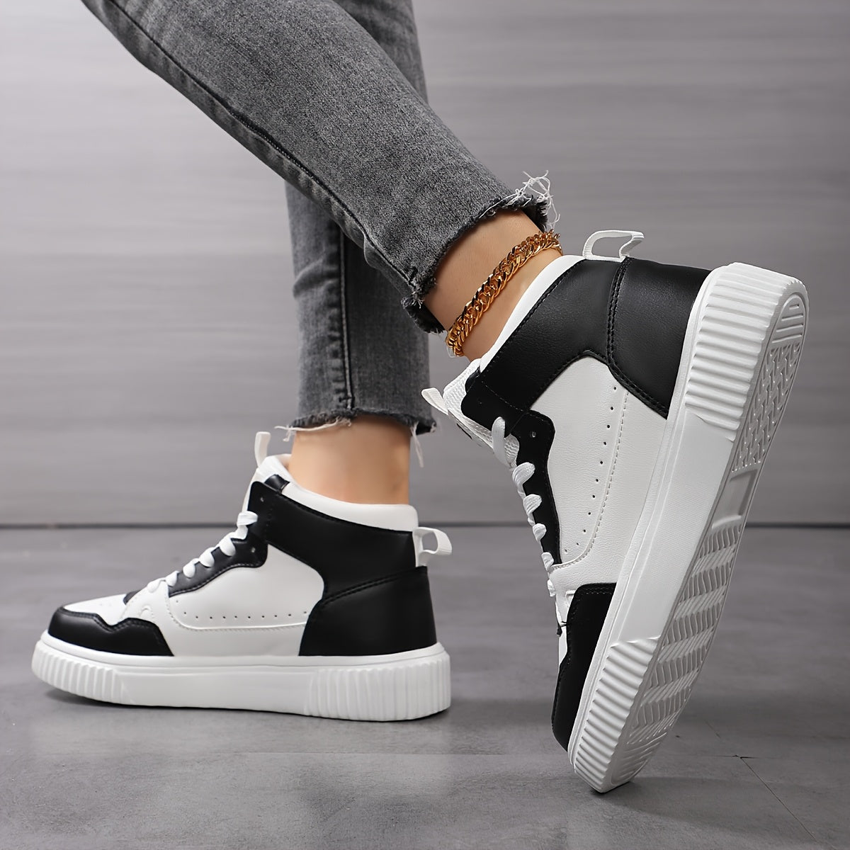 Zapatillas altas casuales para mujer con tela transpirable negro y blanco con contraste