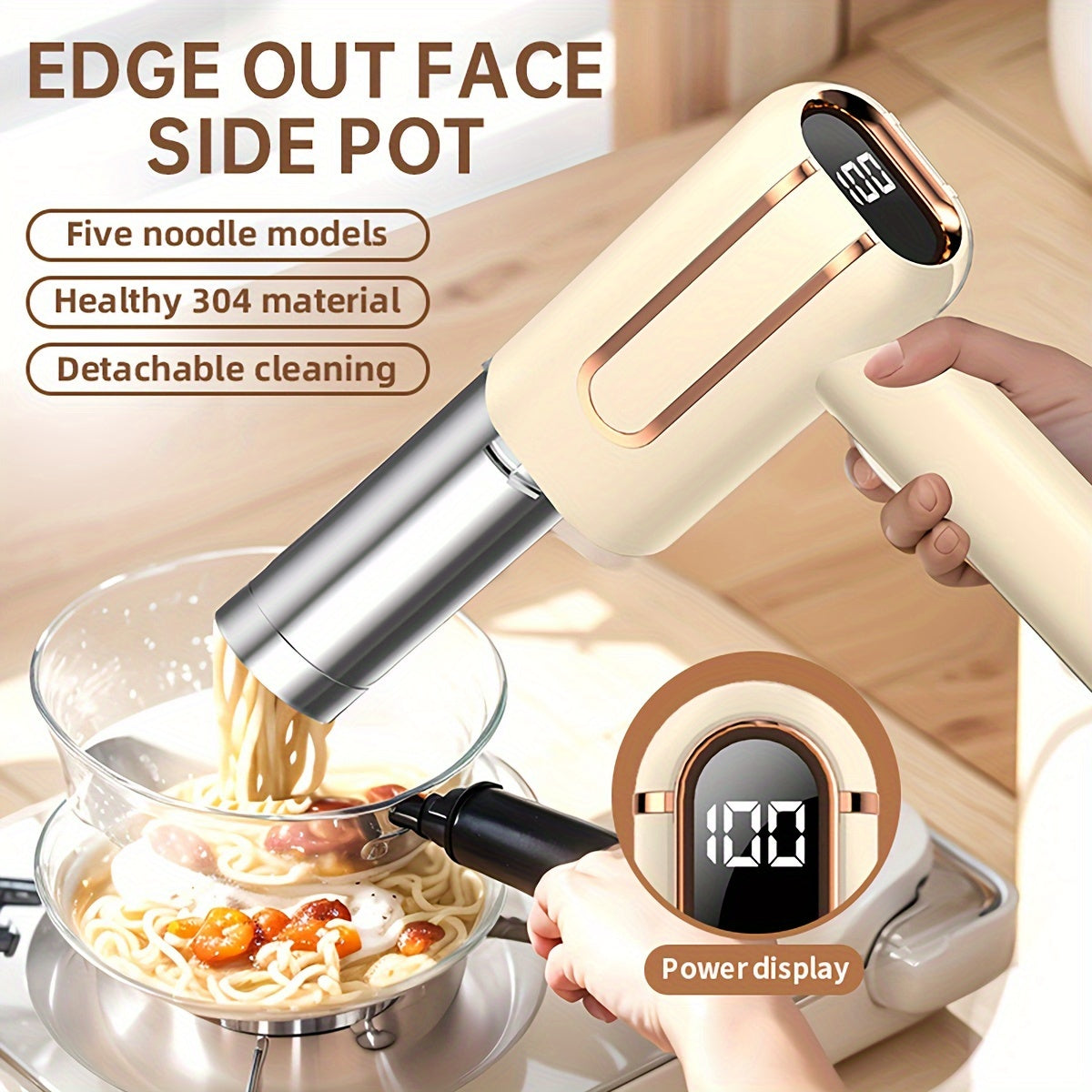 Electric Noodle Maker with Digital Display, Rechargeable USB, Stainless Steel