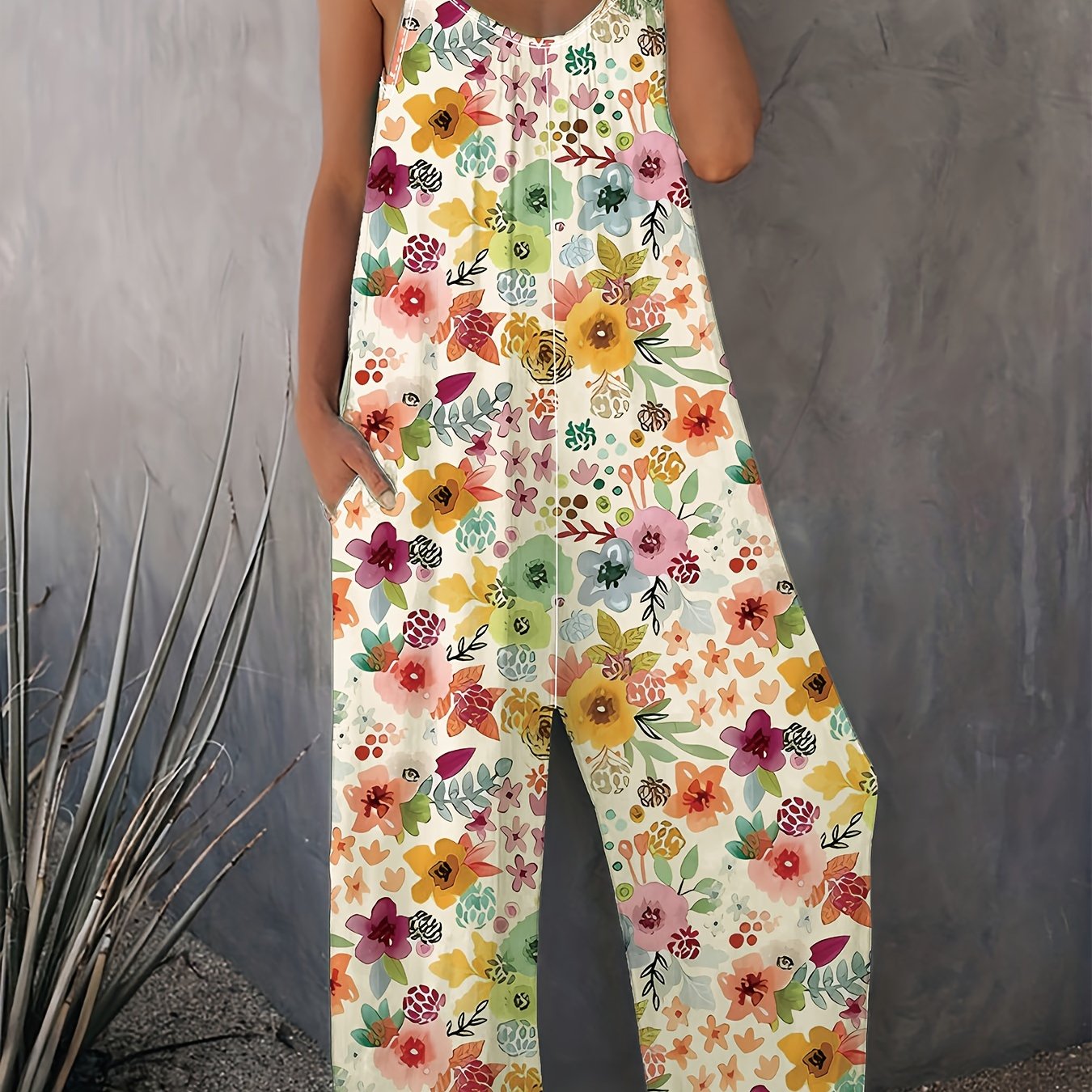 Plus Size Women's Floral Wide-Leg Jumpsuit with Pockets for Summer Vacation