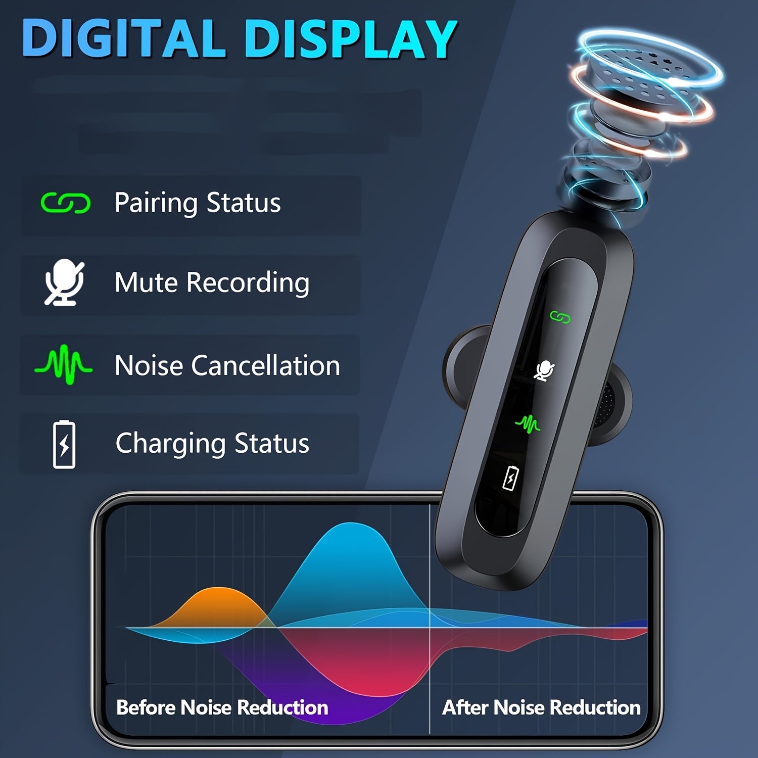 Wireless Clip-On Microphone with One-Click Recording USB-C Charging and Battery Indicator