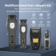 Набор для ухода за мужчинами Hiena Professional включает беспроводной машинкой для стрижки волос, триммер с нулевым зазором T-образной лезвия, триммер для носа, перезаряжаемый электробритву с цифровым дисплеем уровня заряда батареи. Идеально