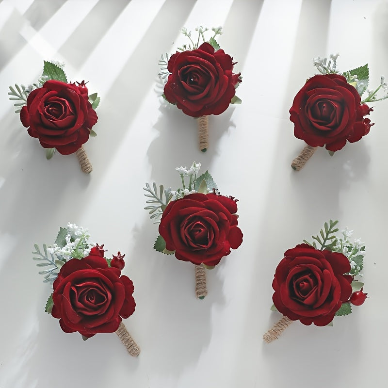 6-Piece Red Artificial Rose Wedding Boutonnieres for Bridal Party Groomsmen Prom Decorations