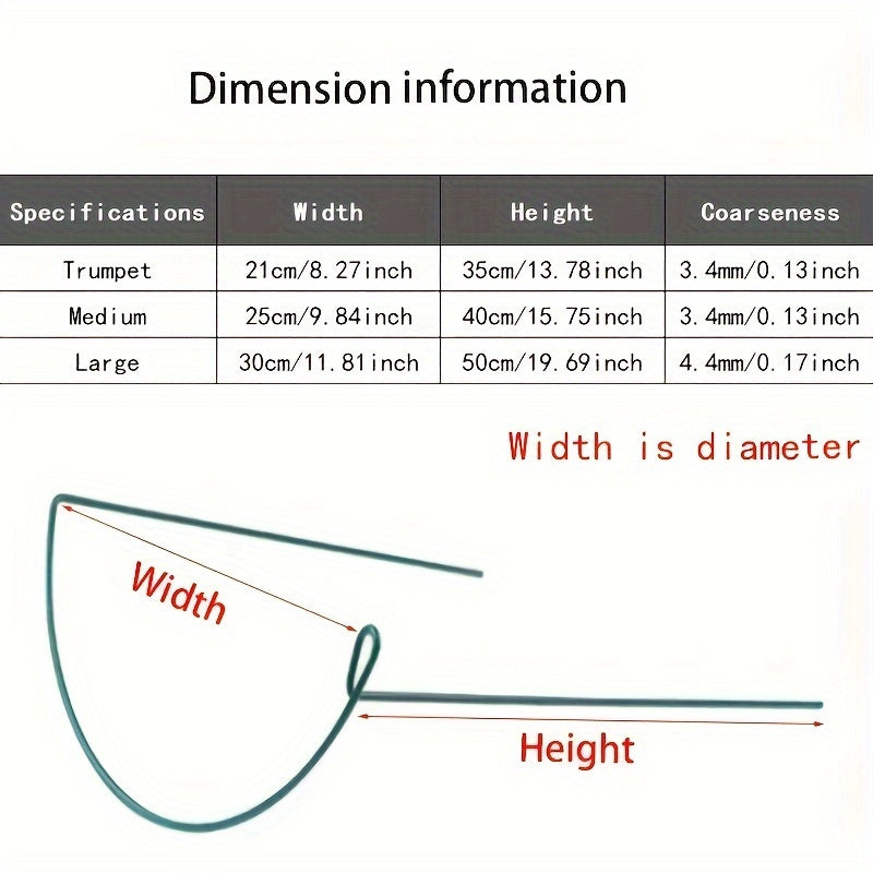 4/8 o'simlikni qo'llab-quvvatlash ustunlari, atirgul, peoniya, pomidor va gortensiya uchun metall yarim doira bog' qo'llab-quvvatlashlari. Ichki va tashqi gullarni qo'llab-quvvatlash ikki o'lchamda: 21.01 sm x 35.0 sm va 24.99 sm x 40.01 sm.